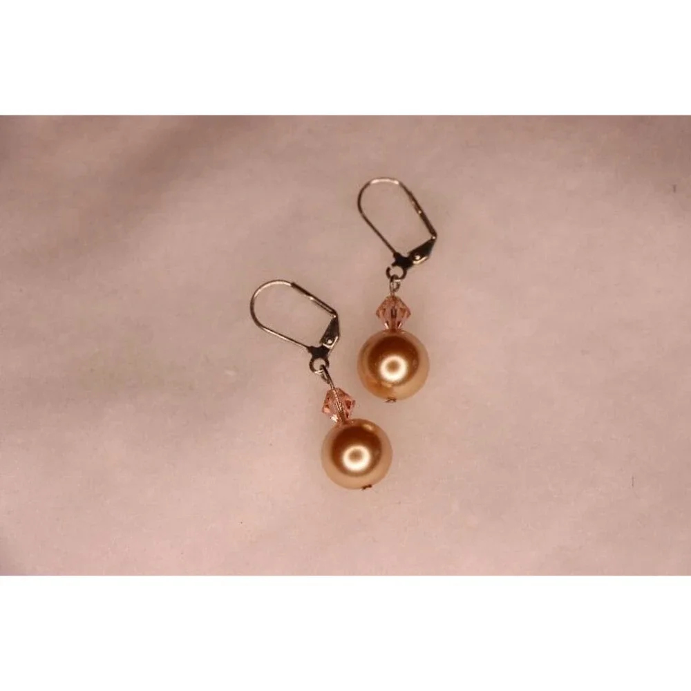 Golden peach style pearl drop earrings for pierced ears warm golden honey color